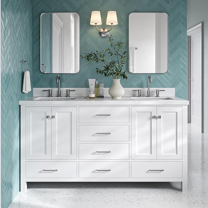 Beckford 66" White Double Bathroom Vanity, 1.5" Edge Pure White Quartz Countertop, 2 Rectangular Undermount Sinks, 4 Soft Closing Doors, 6 Dovetail Drawers