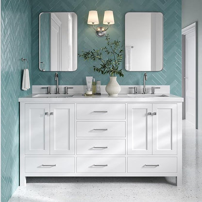 Beckford 66" White Double Bathroom Vanity, 1.5" Edge Pure White Quartz Countertop, 2 Rectangular Undermount Sinks, 4 Soft Closing Doors, 6 Dovetail Drawers