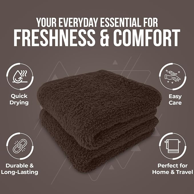 DAN RIVER 12 Pack Cotton Wash Cloths Set for Showering [12x12] Brown | Lighter Weight, Quick to Dry, Super Soft & Absorbent Face Towels, Hotel Quality, Perfect for Bathroom, Gym, Spa