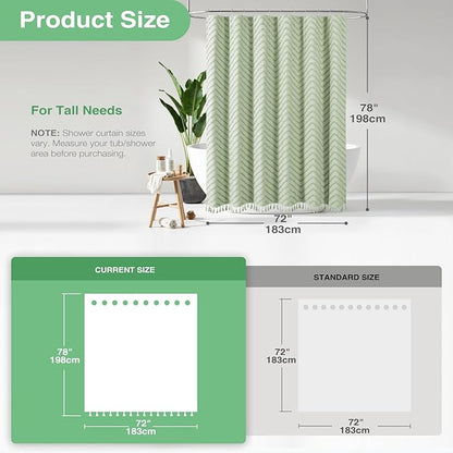 Dynamene Long Shower Curtain and Liner Set - 78 inch Tall Boho Shower Curtain and Waterproof Clear Liner, Tufted Chevron Striped Tassel Shower Curtains for Bathroom, 12 Hooks, 72x78, Sage Green
