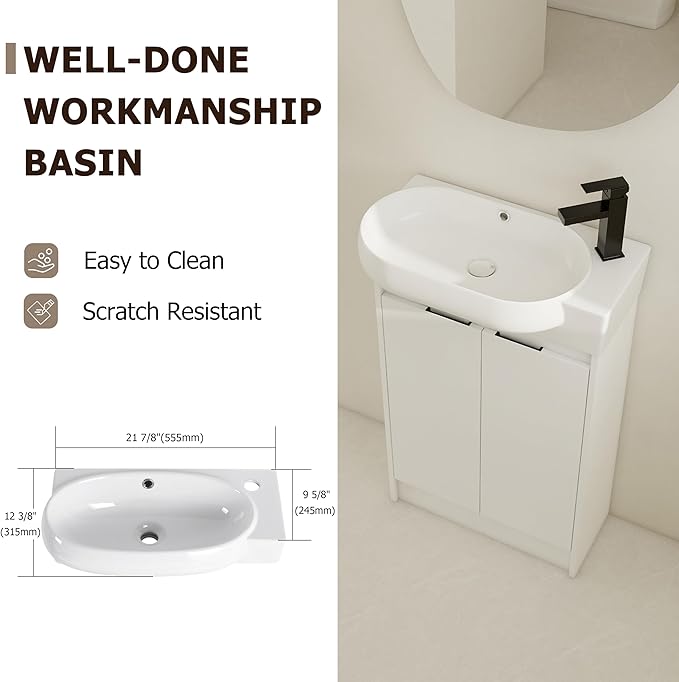 Henf 23" Freestanding Bathroom Vanity with Sink Set for Small Space, Soft Close Doors Round Ceramic Basin Floor Mount Bathroom Cabinet, Vanity and Sink Combo for Home, White