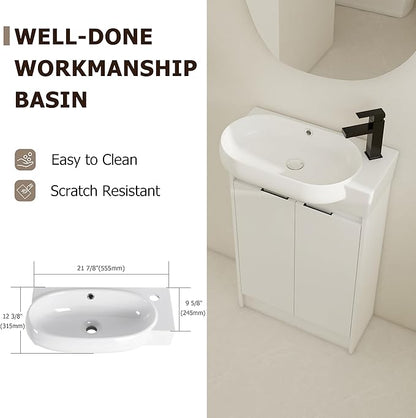 Henf 23" Freestanding Bathroom Vanity with Sink Set for Small Space, Soft Close Doors Round Ceramic Basin Floor Mount Bathroom Cabinet, Vanity and Sink Combo for Home, White