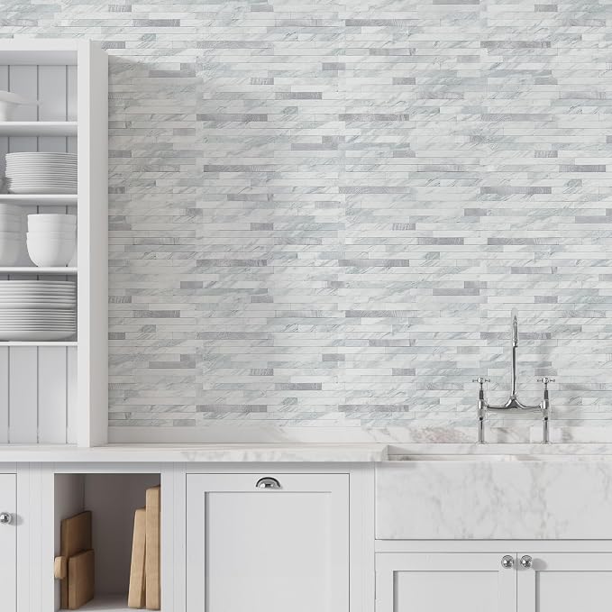 STICKGOO Peel and Stick Backsplash Tile, Volakas White with Silver Metal | 20 Sheets, self-adhesive PVC mixed metal backsplash tiles for kitchen and bathroom. Waterproof & easy to clean.
