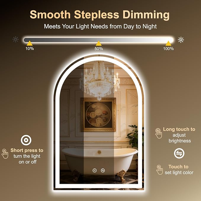 Arched LED Lighted Bathroom Mirror with Lights 24"x36"Smart Anti-Fog | Dimmable 3 Color Modes, Backlit and Front Lit, Memory Function, HD Tempered Glass,Touch Sensor