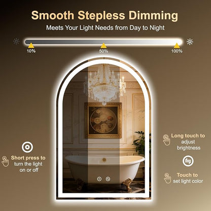 Arched LED Lighted Bathroom Mirror with Lights 24"x36"Smart Anti-Fog | Dimmable 3 Color Modes, Backlit and Front Lit, Memory Function, HD Tempered Glass,Touch Sensor