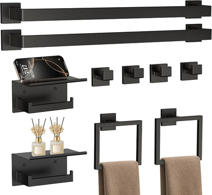 10-Piece 23.6 Inch Matte Black Bathroom Hardware Accessories Set | Stainless Steel Bath Extended Towel Bar, Toilet Paper Holder with Shelf, Towel Hooks, Square Towel Ring Wall Mounted