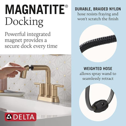 Delta Centerset Brushed Gold Bathroom Faucet with Sprayer, 4 Inch 3 Hole Bathroom Sink Faucet with Pull Out Sprayer, Push-Pop Drain, Champagne Bronze 25849LF-CZPD