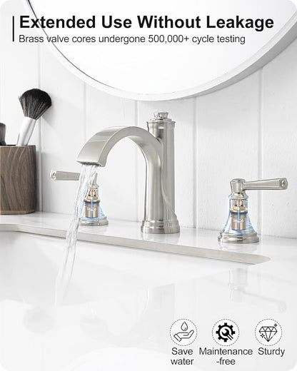 Brass Waterfall Bathroom Faucets, Brushed Nickel Bathroom Faucet 4-16 Inch, 2 Handle Widespread Bathroom Sink Faucet 3 Hole with Pop Up Drain and Supply Lines