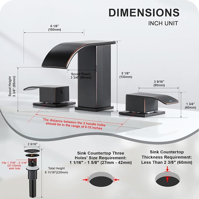 8 Inch Waterfall Bathroom Faucets 3 Hole - Oil Rubbed Bronze Widespread Bathroom Faucet with Pop-up Drain, Two Handles Bathroom Sink Faucet, Modern Vanity Sink faucets with Supply Lines