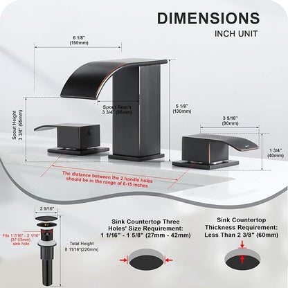 8 Inch Waterfall Bathroom Faucets 3 Hole - Oil Rubbed Bronze Widespread Bathroom Faucet with Pop-up Drain, Two Handles Bathroom Sink Faucet, Modern Vanity Sink faucets with Supply Lines