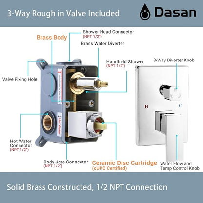 DASAN Full Body Shower System with 6 PCS Body Spray Jets & 12'' Rain Overhead Shower & Handheld, In Wall Rain Shower System Polished Chrome Shower Faucets Sets Complete with Valve, SA-SS03ACH-S12W