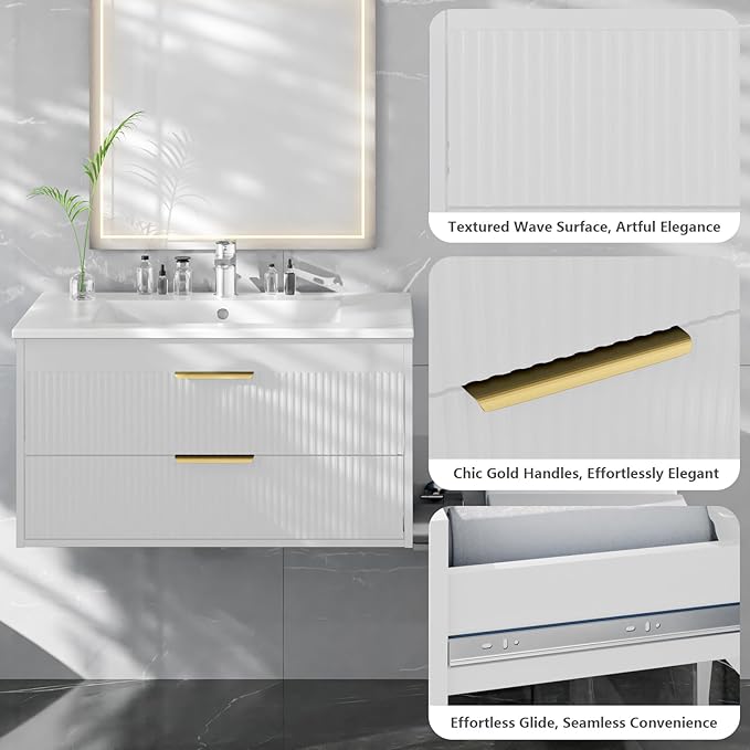 30" Bathroom Vanity Cabinet with Ceramic Sink, Wall-Mounted Floating Vanity, Integrated Sink, 2 Large Storage Drawers, with Sensor LED Light, Metal Handles, for Small Bathroom, Home, Spa, Hotel, White