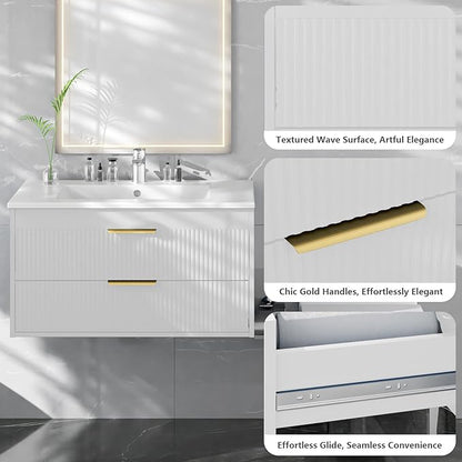 30" Bathroom Vanity Cabinet with Ceramic Sink, Wall-Mounted Floating Vanity, Integrated Sink, 2 Large Storage Drawers, with Sensor LED Light, Metal Handles, for Small Bathroom, Home, Spa, Hotel, White