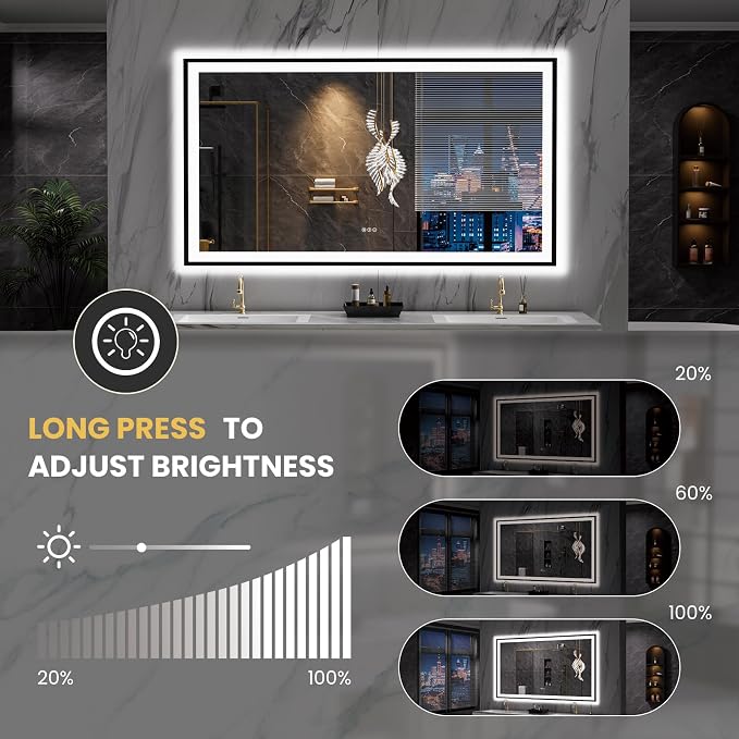 LOAAO 72"X40" LED Bathroom Mirror Black Framed | Anti-Fog, Dimmable, Memory Function, Tempered Glass, Lighted Vanity Mirror for Wall