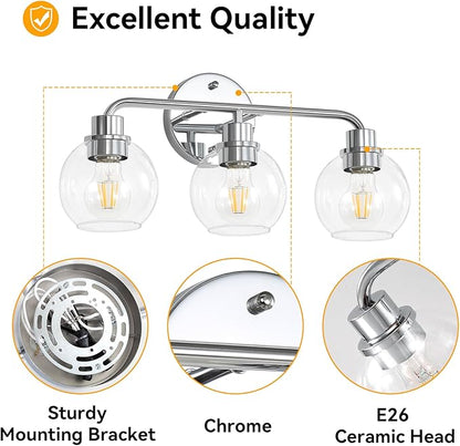 Bathroom Light Fixtures Chrome Vanity Light Silver 3 Light Modern Wall Sconces Lighting Bathroom Lights with Globe Glass Shades Bath Wall Lights Wall Lamp for Mirror Kitchen Living Room Hallway