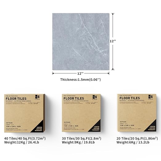 Laminate Flooring - 20 Tiles Self Adhesive Floor Tiles with Stone Texture,12×12 inch, 1.5mm Thick Ideal for Bedroom,Kitchen,Living Room(1.86m²,Grey Stone)