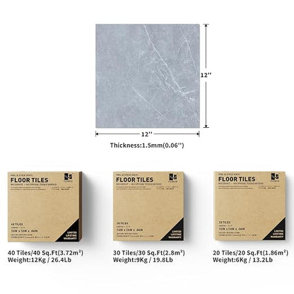 Laminate Flooring - 20 Tiles Self Adhesive Floor Tiles with Stone Texture,12×12 inch, 1.5mm Thick Ideal for Bedroom,Kitchen,Living Room(1.86m²,Grey Stone)