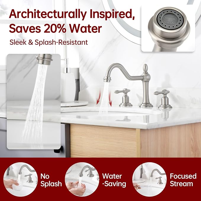 SUMERAIN Vintage 8" Widespread Bathroom Faucet, Brushed Nickel | 3 Hole, 2 Handle, 360°Swivel Spout