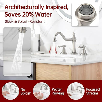 SUMERAIN Vintage 8" Widespread Bathroom Faucet, Brushed Nickel | 3 Hole, 2 Handle, 360°Swivel Spout