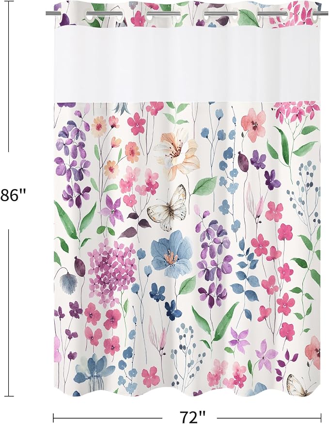 No Hook Colorful Watercolor Floral Shower Curtain and Liner Set, 72x86 | Spring Flower Shower Curtains with Snap-in Liner for Farmhouse Bathroom Decor, Botanical Bathroom Curtain with Leaves