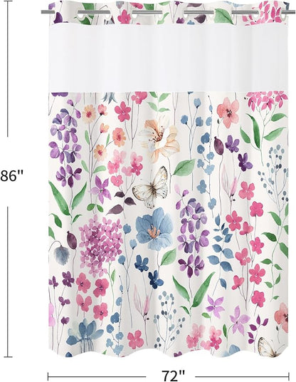 No Hook Colorful Watercolor Floral Shower Curtain and Liner Set, 72x86 | Spring Flower Shower Curtains with Snap-in Liner for Farmhouse Bathroom Decor, Botanical Bathroom Curtain with Leaves