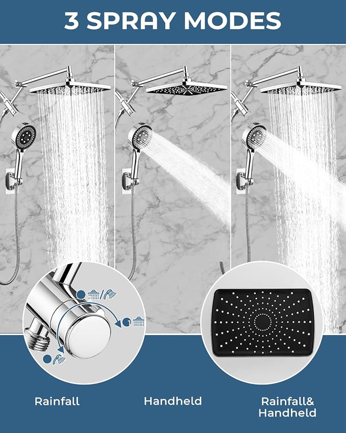 Shower Head with Handheld,High Pressure Chrome Rain Shower Head | Regaderas Para Shower,11.8" Rectangular,Rainfall Shower Head,Dual Shower Head,Bathroom Decor,Extension Arm,7 Spray Mode