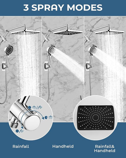 Shower Head with Handheld,High Pressure Chrome Rain Shower Head | Regaderas Para Shower,11.8" Rectangular,Rainfall Shower Head,Dual Shower Head,Bathroom Decor,Extension Arm,7 Spray Mode