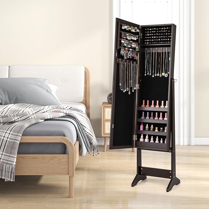 MAT EXPERT Jewelry Armoire Cabinet w/Full-Length Mirror, Jewelry Organizer Standing Mirror w/ 4 Shelves, 3 Adjustable Angles, Anti-toppling Device, Jewelry Cabinet for Bedroom, Living Room, Espresso