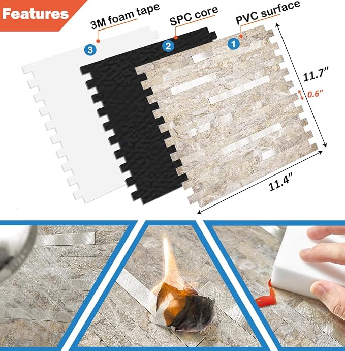 DICOFUN 10-Sheet Peel and Stick Backsplash Wall Tile, PVC Kitchen Backsplash Peel and Stick in Sandstone, 9.4 sq.ft