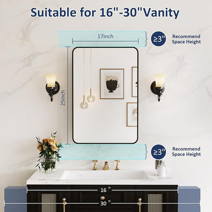 Medicine Cabinet Mirror 17x25 Inch, Black Bathroom Mirror Cabinet with Stepless Adjustable Shelves, Rounded Rectangle Metal Framed, Bathroom Mirror with Storage Recessed or Wall Mount
