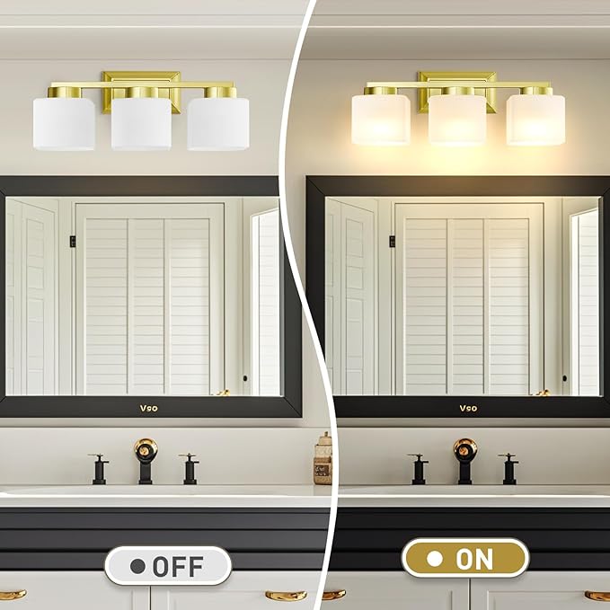 3-Light Bathroom Light Fixtures - Gold Bathroom Vanity Lights with Glass Shade Modern Bathroom Lighting Fixtures Over Mirror - Wall Sconce Lamps for Bedroom,Living Room,Hallway