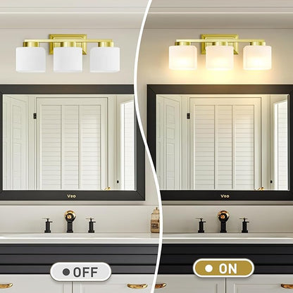 3-Light Bathroom Light Fixtures - Gold Bathroom Vanity Lights with Glass Shade Modern Bathroom Lighting Fixtures Over Mirror - Wall Sconce Lamps for Bedroom,Living Room,Hallway