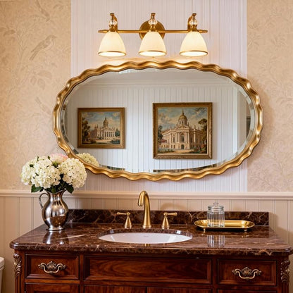 Bathroom Light Fixture, 3-light Brass Vanity Light, Vintage Bathroom Lights Over Mirror with Crystal Beads, Wall Sconce Lighting with Frosted Milky Glass Shade, E26 Base (Bulbs Not Included)