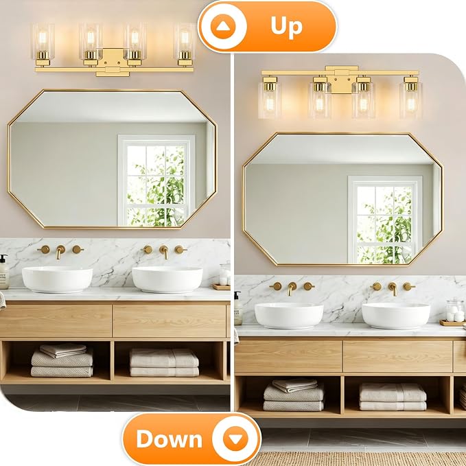 27” Bathroom Light Fixtures Over Mirror, 4-Light Gold Vanity Light | Square Clear Glass & Durable Metal, Quick & Easy Installation, Standard E26 Socket, Bright Bathroom Lighting