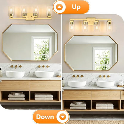 27” Bathroom Light Fixtures Over Mirror, 4-Light Gold Vanity Light | Square Clear Glass & Durable Metal, Quick & Easy Installation, Standard E26 Socket, Bright Bathroom Lighting