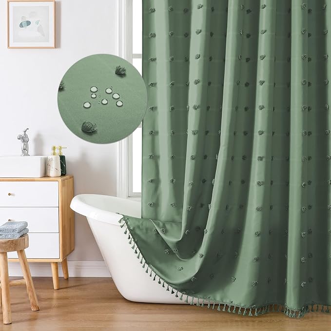 LilyCat Dark Green Boho Tufted Floral Shower Curtain with Tassel, 72" x 72" | Waterproof Boho Fabric Shower Curtain Set with Hooks, Cute Rustic Vintage Bathroom Décor, Minimalist Cloth Bathroom Curtain