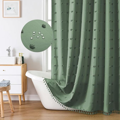LilyCat Dark Green Boho Tufted Floral Shower Curtain with Tassel, 72" x 72" | Waterproof Boho Fabric Shower Curtain Set with Hooks, Cute Rustic Vintage Bathroom Décor, Minimalist Cloth Bathroom Curtain