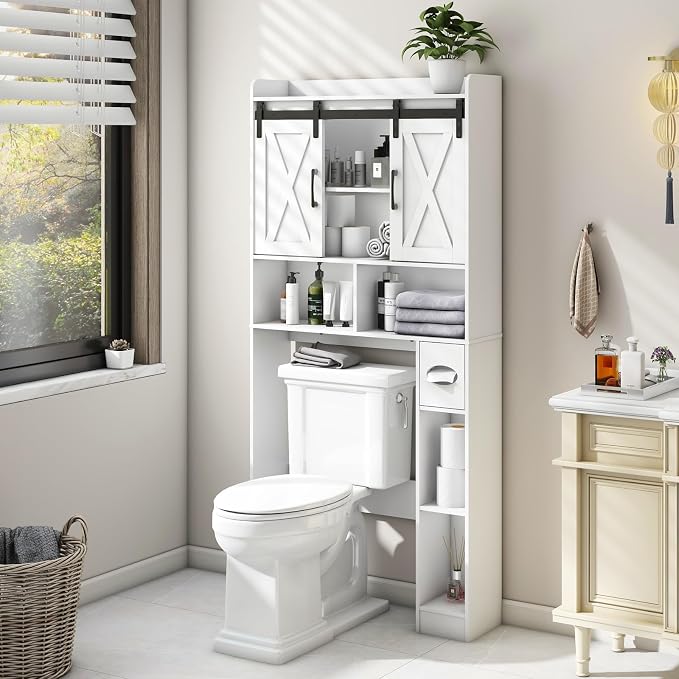Vabches Over The Toilet Storage Cabinet with Sliding Doors, White | Farmhouse Storage Cabinet Over Toilet, Home Space-Saving Toilet Rack, Toilet Paper Holder Stand,for Restroom,Bathroom,Laundry