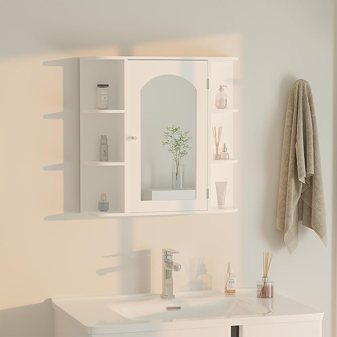 Bathroom Wall Cabinet, Medicine Cabinet with Mirror and Adjustable Shelves,White Wall Mounted Cabinet Over The Toile,3-Tier Wood Hanging Storage for Bathroom,Kitchen,Living,Laundry Room