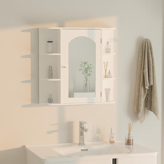 Bathroom Wall Cabinet, Medicine Cabinet with Mirror and Adjustable Shelves,White Wall Mounted Cabinet Over The Toile,3-Tier Wood Hanging Storage for Bathroom,Kitchen,Living,Laundry Room