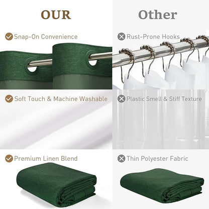 Emerald Green Ringless Linen Look Shower Curtain with Snap Liner 72x75 | 3 in 1 Modern Shower Curtain Set, Removable Liner, Waterproof & Washable, Mesh Top Window, Durable Fabric, Easy to Install