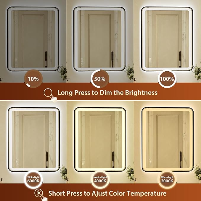 28x40 Inch LED Bathroom Mirror with Black Frame,Front and Backlit Vanity Mirror,Tempered Glass,Stepless Dimmable Wall Mirrors with Anti-Fog, 3 Colors, Memory, Waterproof, LED Smart Bathroom Mirror