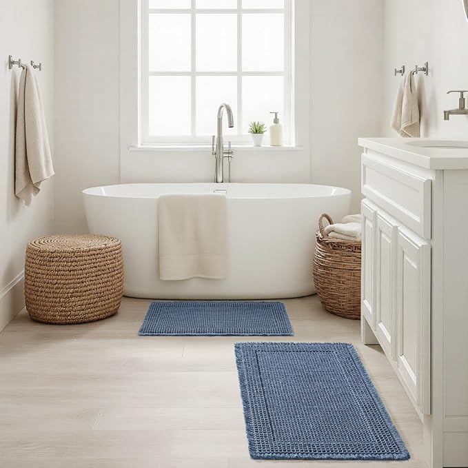 MIULEE Set of 2 Waffle Bathroom Rugs Bordered Bath Mat Blue 17"x24"+18"x30" | Non Slip, Super Absorbent, Washable, Ultra Soft, Rubber Backed Bath Rugs for Bathroom Floor Tub and Shower, Boho Decor