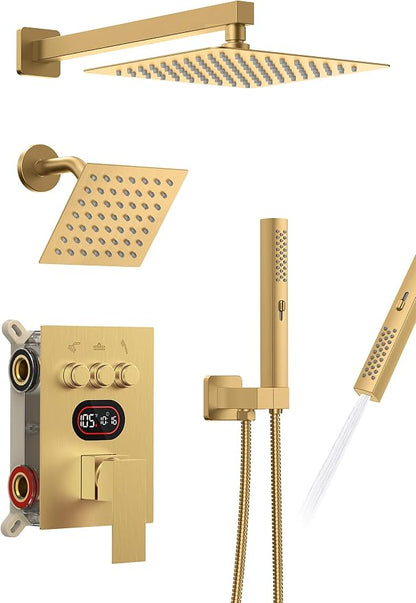 Longriver 3-Push Button Shower Faucet Set Hydro Power Temperature Display | Shower System Wall Mounted 10" & 6" Shower Head with 3-Spary Handheld, Shower Fixtures with Valve and Trim Kit, Brushed Gold