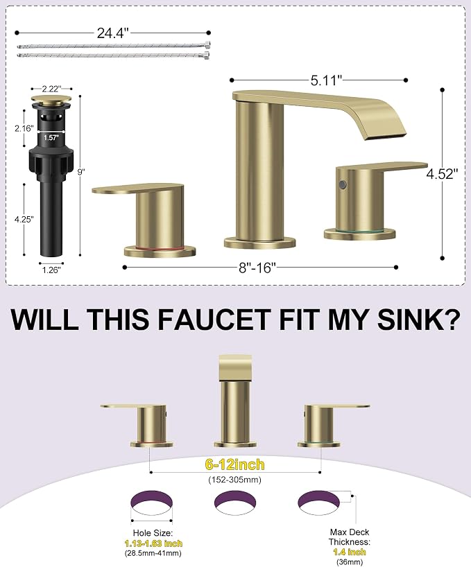 2 Pack Brushed Gold Bathroom Faucet 3 Hole 8 Inch Widespread Waterfall | Bathroom Sink Faucets 2 Handles with Pop-up Drain Supply Lines for Bath Vanity Commercial Lavatory Rv Restroom Homevacious