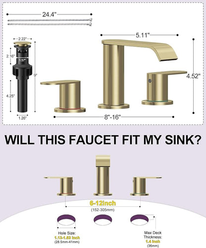 2 Pack Brushed Gold Bathroom Faucet 3 Hole 8 Inch Widespread Waterfall | Bathroom Sink Faucets 2 Handles with Pop-up Drain Supply Lines for Bath Vanity Commercial Lavatory Rv Restroom Homevacious