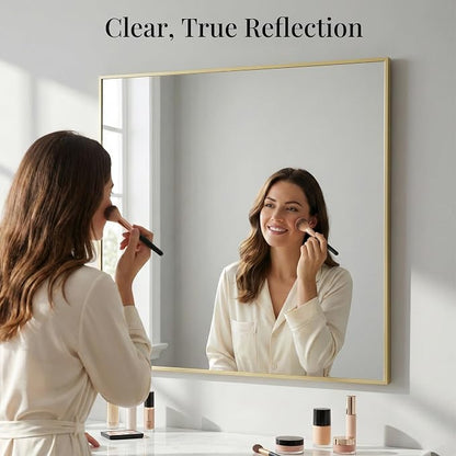 36"x36" Satin Gold Framed Square Bathroom Vanity Wall Mirror | Accent Wall Mirror, Square Geometric Look, Slim Metal Frame, Living Room or Entryway, Keyhole Mount, Tempered Glass