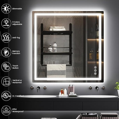 36" x 36" LED Bathroom Mirror with Lights, Memory Vanity Mirror | Anti-Fog, 3 Color Modes, Dimmable, Front Lit, Memory Function, Tempered Glass, Lighted Bathroom Mirror for Wall