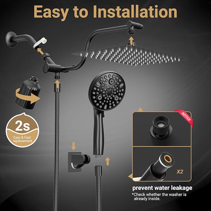 Filtered Shower Head with Handheld, 11.8" Rain Shower Head, High Pressure | 10-Function Spray Options, Adjustable Extension Arm, Secure Adhesive Holder, Easy Installation, Stainless Steel-Black Finish