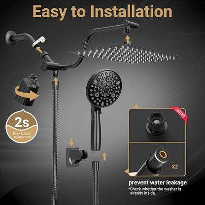 Filtered Shower Head with Handheld, 11.8" Rain Shower Head, High Pressure | 10-Function Spray Options, Adjustable Extension Arm, Secure Adhesive Holder, Easy Installation, Stainless Steel-Black Finish